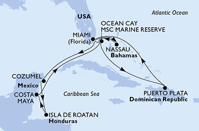 USA, Bahamy, Dominikánska republika, Mexiko, Honduras z Miami na lodi MSC Seaside