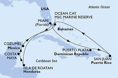 USA, Honduras, Mexiko, Bahamy, Dominikánska republika z Miami na lodi MSC World America