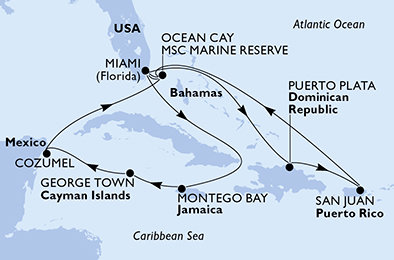 USA, Dominikánska republika, Bahamy, Jamajka, Kajmanské ostrovy, Mexiko z Miami na lodi MSC Seascape