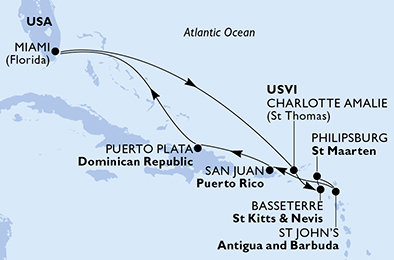 USA, Svätý Krištof a Nevis, Svatý Martin, Antigua a Barbuda, Dominikánska republika z Miami na lodi MSC Divina