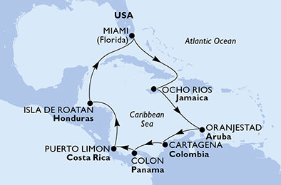 USA, Jamajka, Aruba, Kolumbia, Panama, Kostarika, Honduras z Miami na lodi MSC Divina