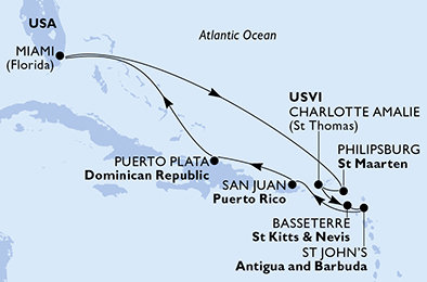 USA, Svatý Martin, Svätý Krištof a Nevis, Antigua a Barbuda, Dominikánska republika z Miami na lodi MSC Divina