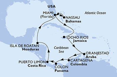 USA, Bahamy, Jamajka, Aruba, Kolumbia, Panama, Kostarika, Honduras z Miami na lodi MSC Divina