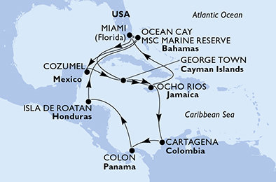 USA, Bahamy, Mexiko, Kajmanské ostrovy, Jamajka, Kolumbia, Panama, Honduras z Miami na lodi MSC Divina