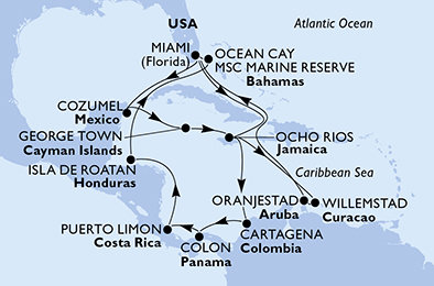 USA, Jamajka, Kolumbia, Panama, Kostarika, Honduras, Bahamy, Mexiko, Kajmanské ostrovy, Curacao, Aruba z Miami na lodi MSC Divina