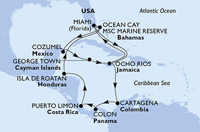 USA, Bahamy, Mexiko, Kajmanské ostrovy, Jamajka, Kolumbia, Panama, Kostarika, Honduras z Miami na lodi MSC Divina