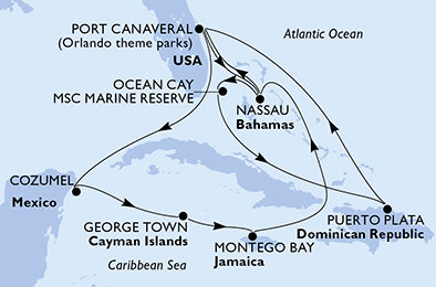 USA, Mexiko, Kajmanské ostrovy, Jamajka, Bahamy, Dominikánska republika z Port Canaveralu na lodi MSC Grandiosa