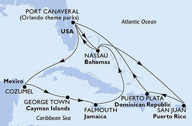 USA, Bahamy, Dominikánska republika, Mexiko, Kajmanské ostrovy, Jamajka z Port Canaveralu na lodi MSC Grandiosa