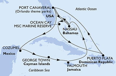 USA, Bahamy, Dominikánska republika, Mexiko, Kajmanské ostrovy, Jamajka z Port Canaveralu na lodi MSC Grandiosa