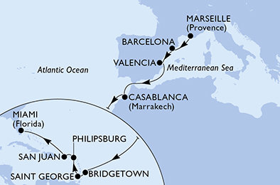 Francúzsko, Španielsko, Maroko, Barbados, Grenada, Svatý Martin, USA z Marseille na lodi MSC Seaside