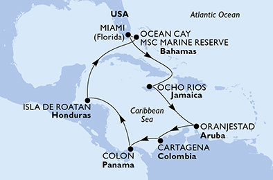 USA, Jamajka, Aruba, Kolumbia, Panama, Honduras, Bahamy z Miami na lodi MSC Divina