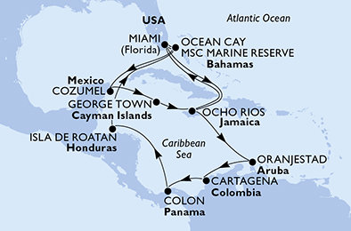 USA, Bahamy, Mexiko, Kajmanské ostrovy, Jamajka, Aruba, Kolumbia, Panama, Honduras z Miami na lodi MSC Divina