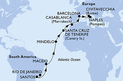 Brazília, Kapverdy, Španielsko, Maroko, Taliansko z Rio de Janeira na lodi MSC Orchestra