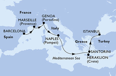 Španielsko, Francúzsko, Taliansko, Grécko, Turecko z Barcelony na lodi MSC Fantasia