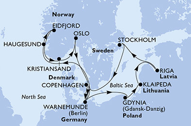 Nemecko, Poľsko, Litva, Lotyšsko, Švédsko, Dánsko, Nórsko z Warnemünde na lodi MSC Poesia
