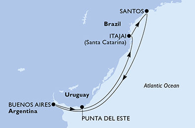 Brazília, Argentína, Uruguaj zo Santosu na lodi MSC Splendida