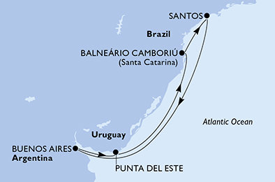 Brazília, Argentína, Uruguaj zo Santosu na lodi MSC Splendida