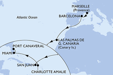 Francúzsko, Španielsko, USA z Marseille na lodi MSC Grandiosa