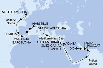 Veľká Británia, Portugalsko, Španielsko, Francúzsko, Taliansko, Egypt, Jordánsko, Omán, Katar, Spojené arabské emiráty zo Southamptonu na lodi MSC Euribia