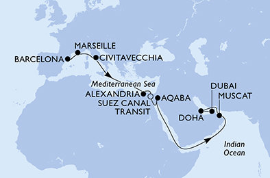 Španielsko, Francúzsko, Taliansko, Egypt, Jordánsko, Omán, Katar, Spojené arabské emiráty z Barcelony na lodi MSC Euribia