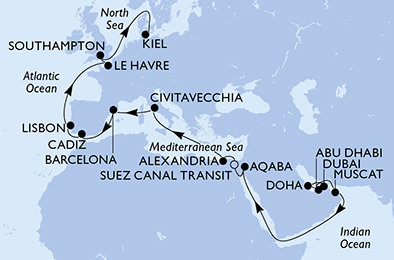 Spojené arabské emiráty, Katar, Omán, Jordánsko, Egypt, Taliansko, Španielsko, Portugalsko, Francúzsko, Veľká Británia, Nemecko z Dubaja na lodi MSC Euribia