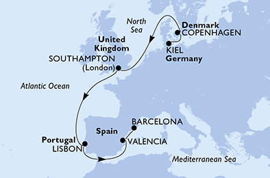 Nemecko, Dánsko, Veľká Británia, Portugalsko, Španielsko z Kielu na lodi MSC Euribia