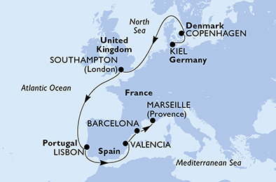 Nemecko, Dánsko, Veľká Británia, Portugalsko, Španielsko, Francúzsko z Kielu na lodi MSC Euribia