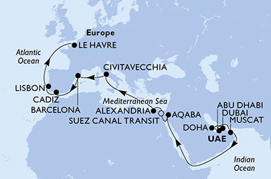 Spojené arabské emiráty, Katar, Omán, Jordánsko, Egypt, Taliansko, Španielsko, Portugalsko, Francúzsko z Dubaja na lodi MSC Euribia