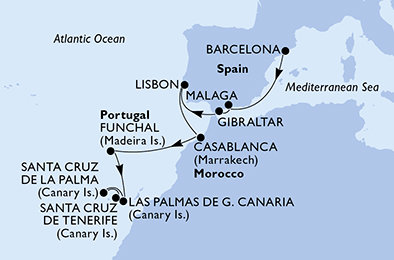 Španielsko, Gibraltár, Portugalsko, Maroko z Barcelony na lodi MSC Musica