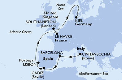 Taliansko, Španielsko, Portugalsko, Francúzsko, Veľká Británia, Nemecko z Civitavechie na lodi MSC Euribia