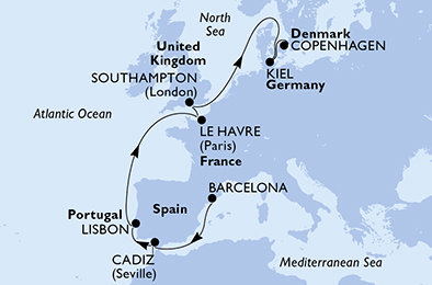 Španielsko, Portugalsko, Francúzsko, Veľká Británia, Nemecko, Dánsko z Barcelony na lodi MSC Euribia