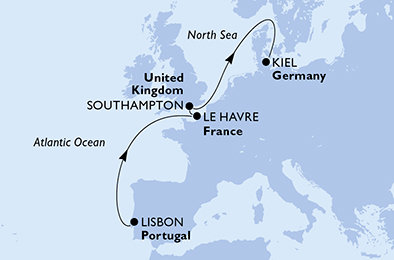 Portugalsko, Francúzsko, Veľká Británia, Nemecko z Lisabonu na lodi MSC Euribia