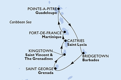 Martinik, Guadeloupe, Barbados, Grenada, Svätý Vincent a Grenadiny, Svätá Lucia z Fort de France, Martinik na lodi MSC Virtuosa