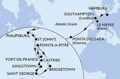 Nemecko, Veľká Británia, Francúzsko, Portugalsko, Svatý Martin, Antigua a Barbuda, Martinik, Guadeloupe, Barbados, Grenada, Svätý Vincent a Grenadiny, Svätá Lucia z Hamburgu na lodi MSC Virtuosa