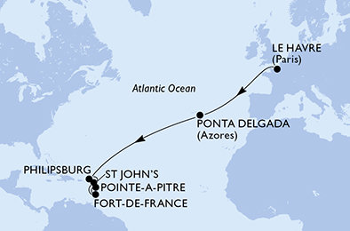 Francúzsko, Portugalsko, Svatý Martin, Antigua a Barbuda, Martinik, Guadeloupe z Le Havre na lodi MSC Virtuosa