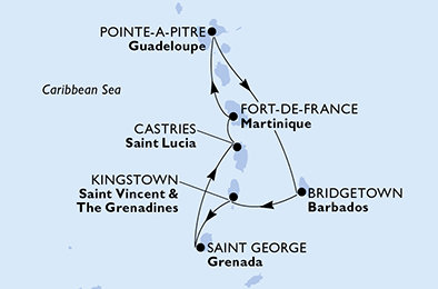 Martinik, Guadeloupe, Barbados, Svätý Vincent a Grenadiny, Grenada, Svätá Lucia z Fort de France, Martinik na lodi MSC Virtuosa