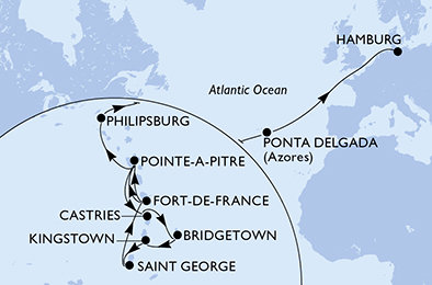 Martinik, Guadeloupe, Svätá Lucia, Barbados, Svätý Vincent a Grenadiny, Grenada, Svatý Martin, Portugalsko, Nemecko z Fort de France, Martinik na lodi MSC Virtuosa