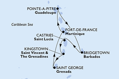 Guadeloupe, Barbados, Svätá Lucia, Svätý Vincent a Grenadiny, Grenada, Martinik z Pointe-à-Pitre na lodi MSC Virtuosa