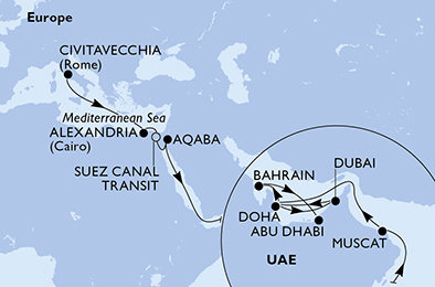 Taliansko, Egypt, Jordánsko, Omán, Katar, Spojené arabské emiráty, Bahrajn z Civitavechie na lodi MSC Euribia