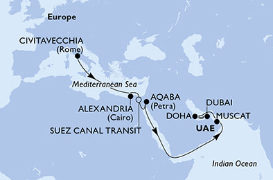 Taliansko, Egypt, Jordánsko, Omán, Katar, Spojené arabské emiráty z Civitavechie na lodi MSC Euribia