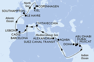 Spojené arabské emiráty, Katar, Omán, Jordánsko, Egypt, Taliansko, Španielsko, Portugalsko, Francúzsko, Veľká Británia, Nemecko, Dánsko z Dubaja na lodi MSC Euribia