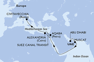 Spojené arabské emiráty, Omán, Jordánsko, Egypt, Taliansko z Abu Dhabi na lodi MSC Euribia