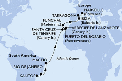 Brazília, Španielsko, Portugalsko, Francúzsko zo Santosu na lodi MSC Splendida