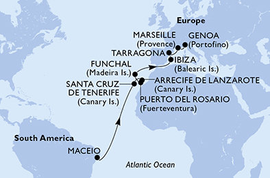 Brazília, Španielsko, Portugalsko, Francúzsko, Taliansko z Maceia na lodi MSC Splendida