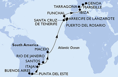 Argentína, Uruguaj, Brazília, Španielsko, Portugalsko, Francúzsko, Taliansko z Buenos Aires na lodi MSC Splendida