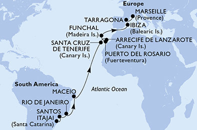 Brazília, Španielsko, Portugalsko, Francúzsko na lodi MSC Splendida