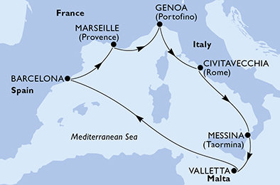 Španielsko, Francúzsko, Taliansko, Malta z Barcelony na lodi MSC World Europa