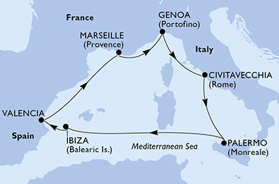 Španielsko, Francúzsko, Taliansko z Valencie na lodi MSC Seaview