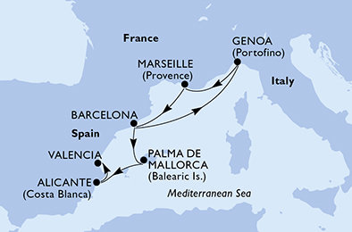 Španielsko, Taliansko, Francúzsko z Barcelony na lodi MSC Splendida