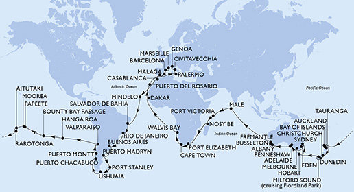 Francúzsko, Španielsko, Maroko, Kapverdy, Brazília, Argentína, Zámořské území Velké Británie, Chile, Francouzská Polynésie, Cookovy ostrovy, Nový Zéland, Austrália, Maledivy, Seychely, Madagaskar, Juhoafrická republika, Namíbia, Senegal, Taliansko z Marseille na lodi MSC Magnifica